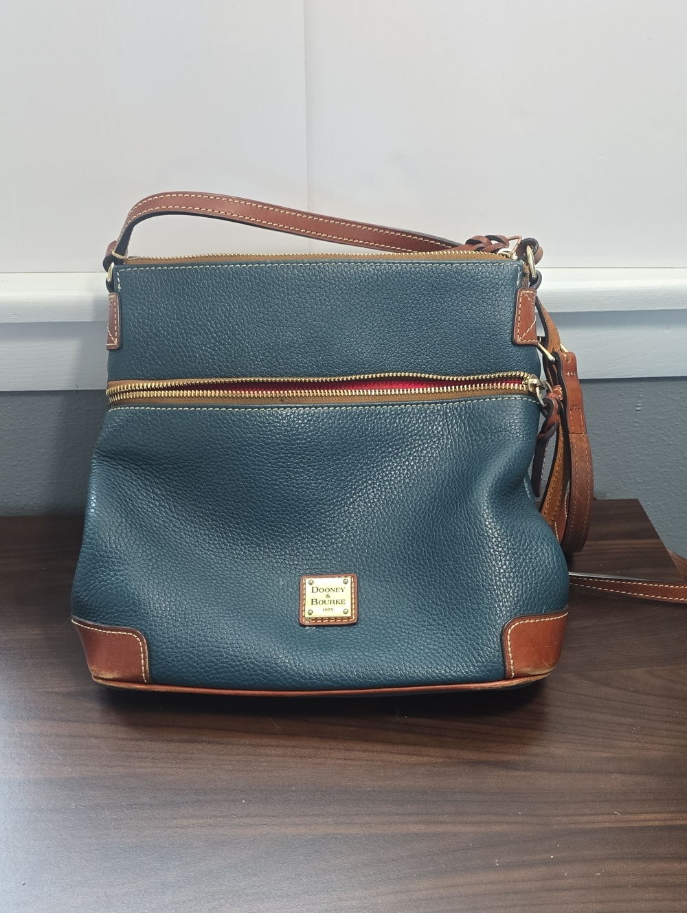 Dooney & Bourke Teal Pebbled Leather Crossbody with Brown Trim and Gold Hardware